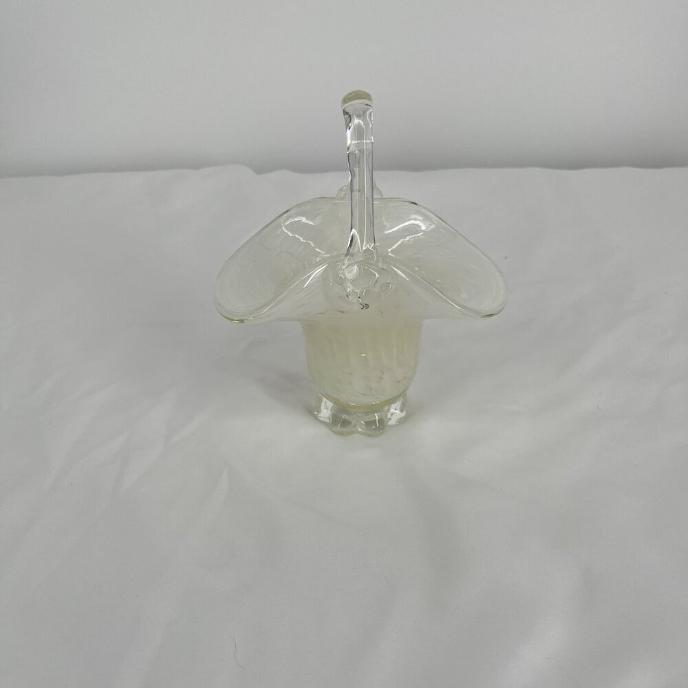 Vintage Clear Glass White Confetti Hand Blown Basket with Handle